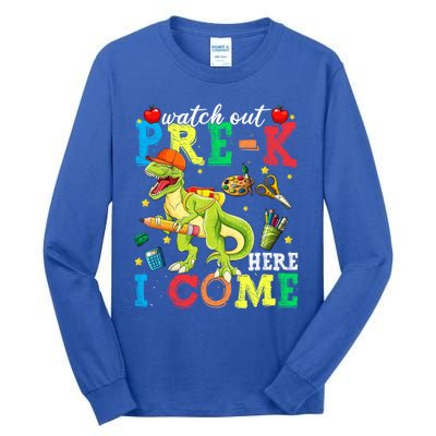 Watch Out PreK Here I Come Funny Dinosaur Back To School Funny Gift Tall Long Sleeve T-Shirt