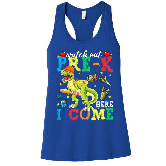 Watch Out PreK Here I Come Funny Dinosaur Back To School Funny Gift Women's Racerback Tank