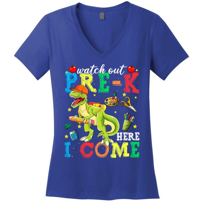 Watch Out PreK Here I Come Funny Dinosaur Back To School Funny Gift Women's V-Neck T-Shirt