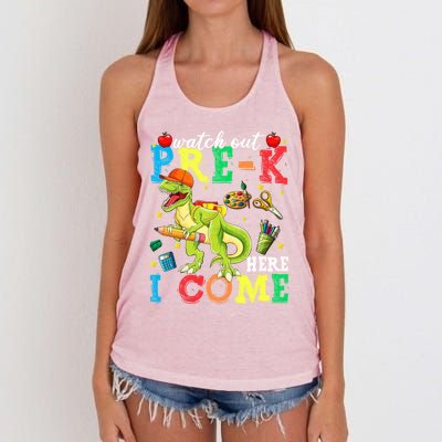 Watch Out PreK Here I Come Funny Dinosaur Back To School Funny Gift Women's Knotted Racerback Tank