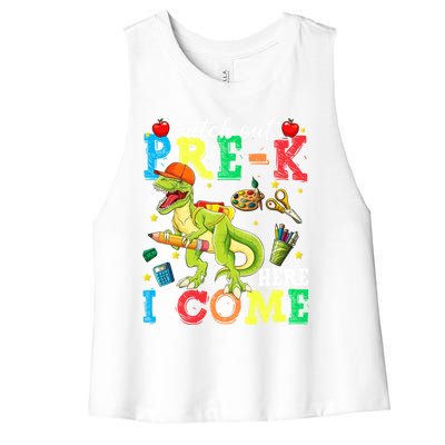 Watch Out PreK Here I Come Funny Dinosaur Back To School Funny Gift Women's Racerback Cropped Tank