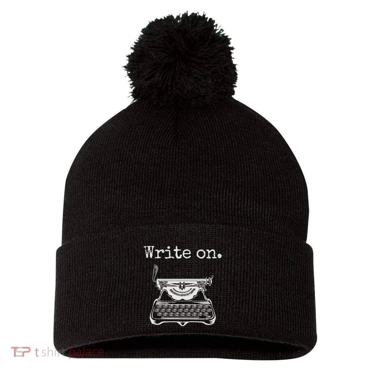 Write On. Retro Typewriter Funny Novelty Writing Writers Pun Pom Pom 12in Knit Beanie