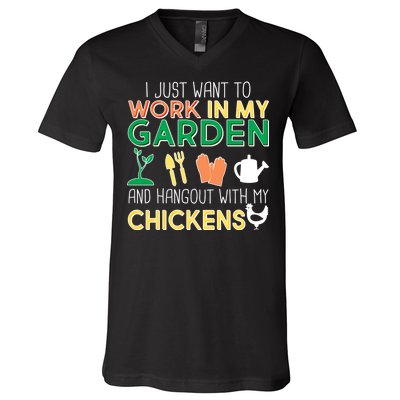 Work In My Garden Hangout With My Chickens V-Neck T-Shirt