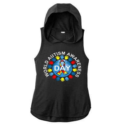 World Autism Awareness Day Earth Puzzle Ribbon Ladies PosiCharge Tri-Blend Wicking Draft Hoodie Tank