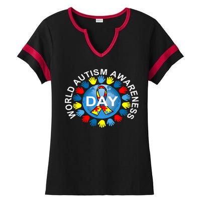 World Autism Awareness Day Earth Puzzle Ribbon Ladies Halftime Notch Neck Tee