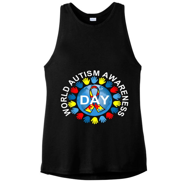 World Autism Awareness Day Earth Puzzle Ribbon Ladies PosiCharge Tri-Blend Wicking Tank