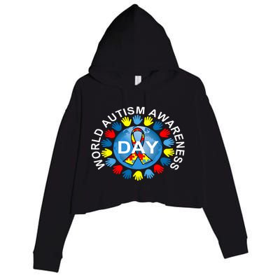 World Autism Awareness Day Earth Puzzle Ribbon Crop Fleece Hoodie