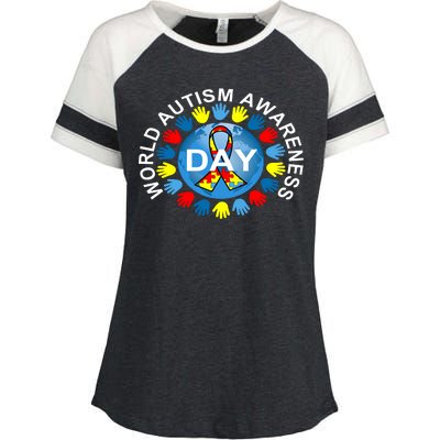 World Autism Awareness Day Earth Puzzle Ribbon Enza Ladies Jersey Colorblock Tee