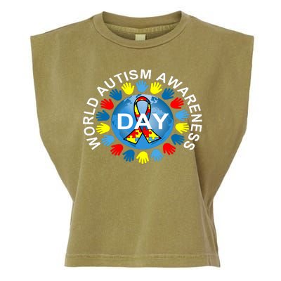 World Autism Awareness Day Earth Puzzle Ribbon Garment-Dyed Women's Muscle Tee