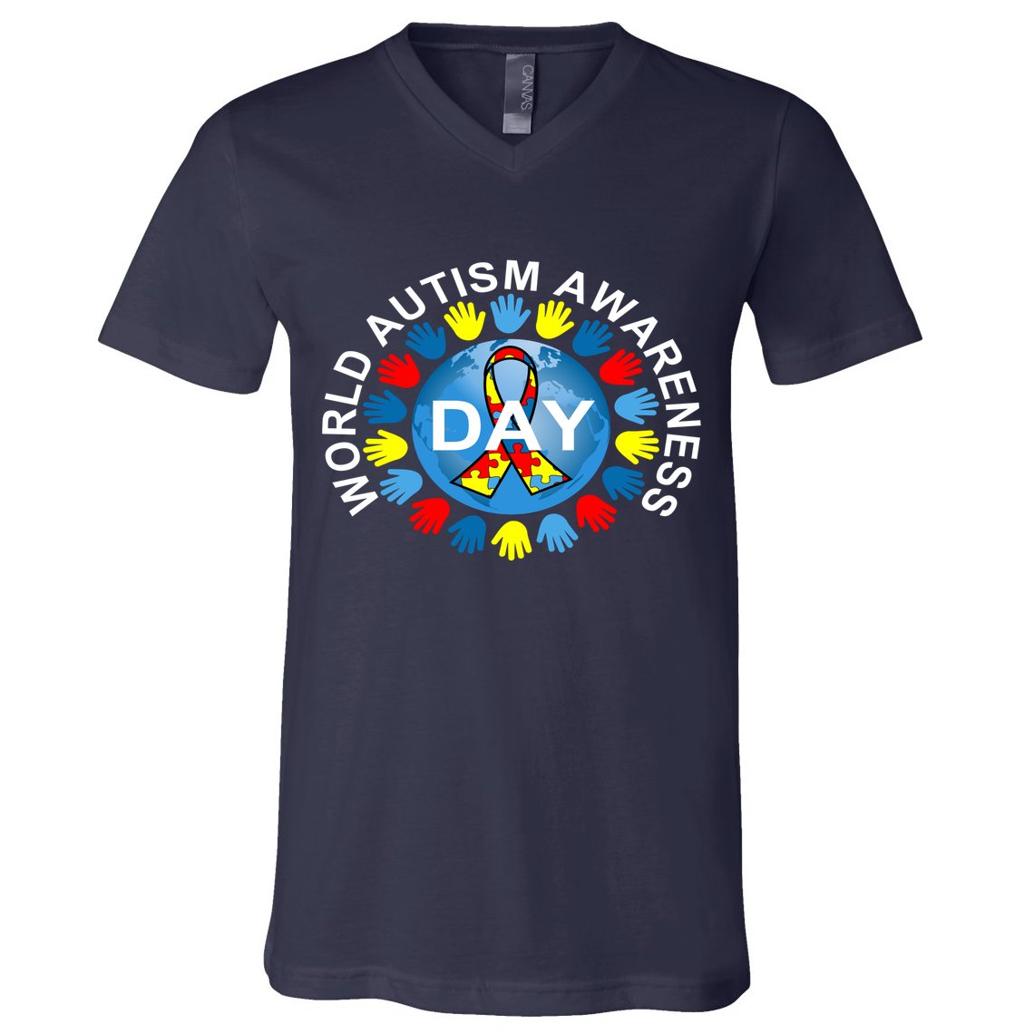 World Autism Awareness Day Earth Puzzle Ribbon V-Neck T-Shirt