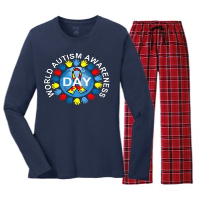 World Autism Awareness Day Earth Puzzle Ribbon Women's Long Sleeve Flannel Pajama Set 