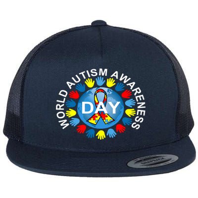 World Autism Awareness Day Earth Puzzle Ribbon Flat Bill Trucker Hat