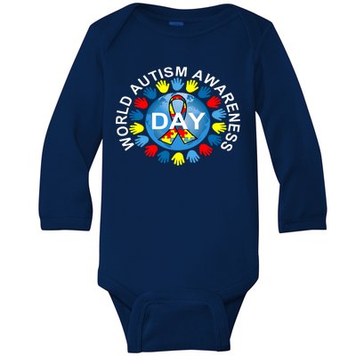 World Autism Awareness Day Earth Puzzle Ribbon Baby Long Sleeve Bodysuit