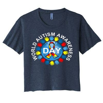 World Autism Awareness Day Earth Puzzle Ribbon Women's Crop Top Tee