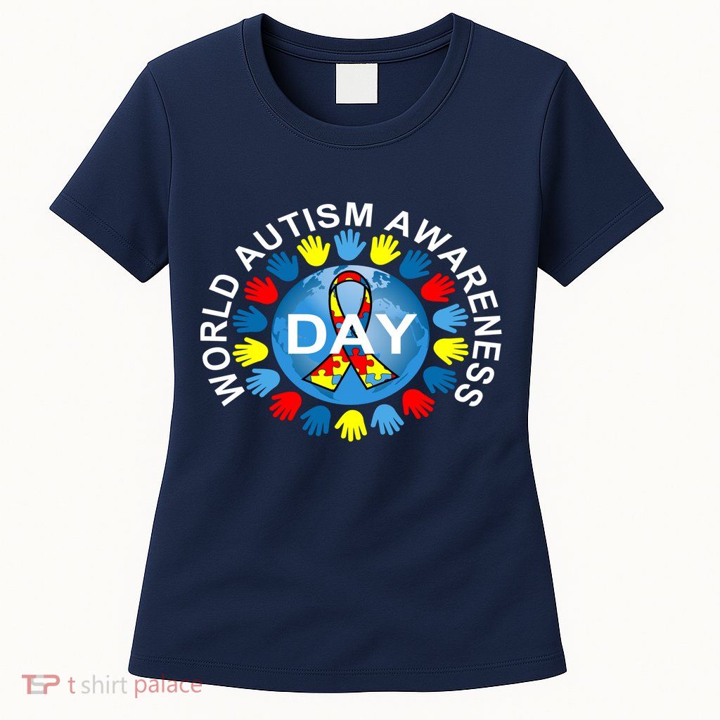 World Autism Awareness Day Earth Puzzle Ribbon Womens T-Shirt