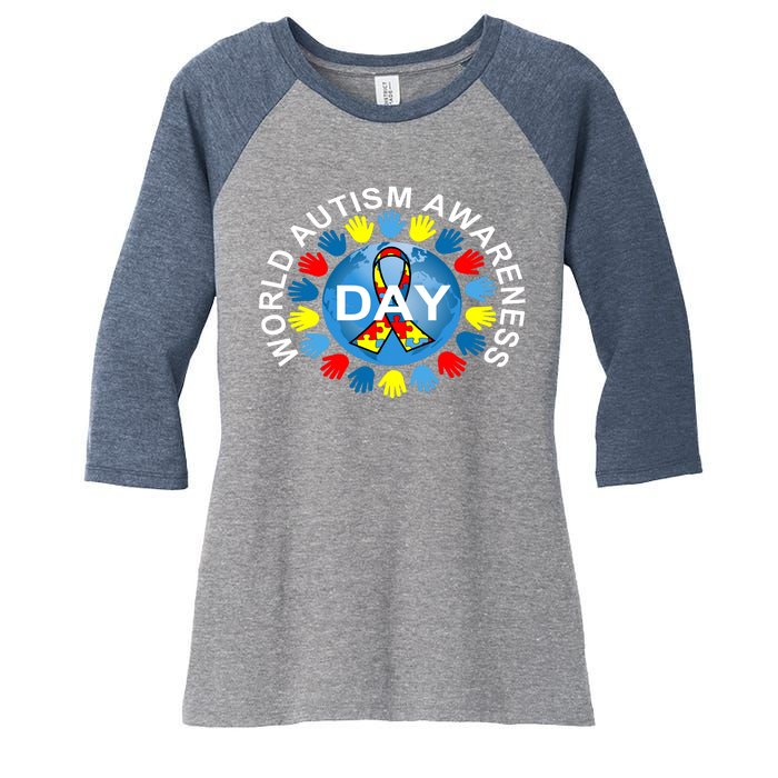 World Autism Awareness Day Earth Puzzle Ribbon Women's Tri-Blend 3/4-Sleeve Raglan Shirt