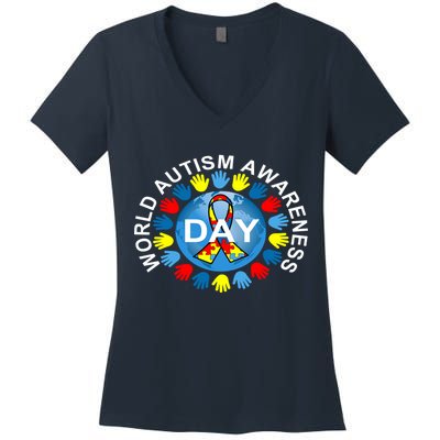 World Autism Awareness Day Earth Puzzle Ribbon Women's V-Neck T-Shirt