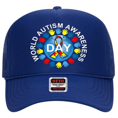 World Autism Awareness Day Earth Puzzle Ribbon High Crown Mesh Back Trucker Hat