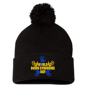 World Down Syndrome Day Hand Print Pom Pom 12in Knit Beanie