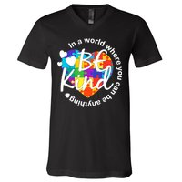 World Where You Can Be Anything Be Kind Autism Heart V-Neck T-Shirt