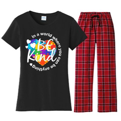 World Where You Can Be Anything Be Kind Autism Heart Women's Flannel Pajama Set