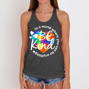 World Where You Can Be Anything Be Kind Autism Heart Women's Knotted Racerback Tank