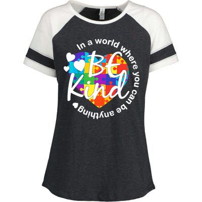 World Where You Can Be Anything Be Kind Autism Heart Enza Ladies Jersey Colorblock Tee