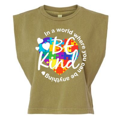 World Where You Can Be Anything Be Kind Autism Heart Garment-Dyed Women's Muscle Tee