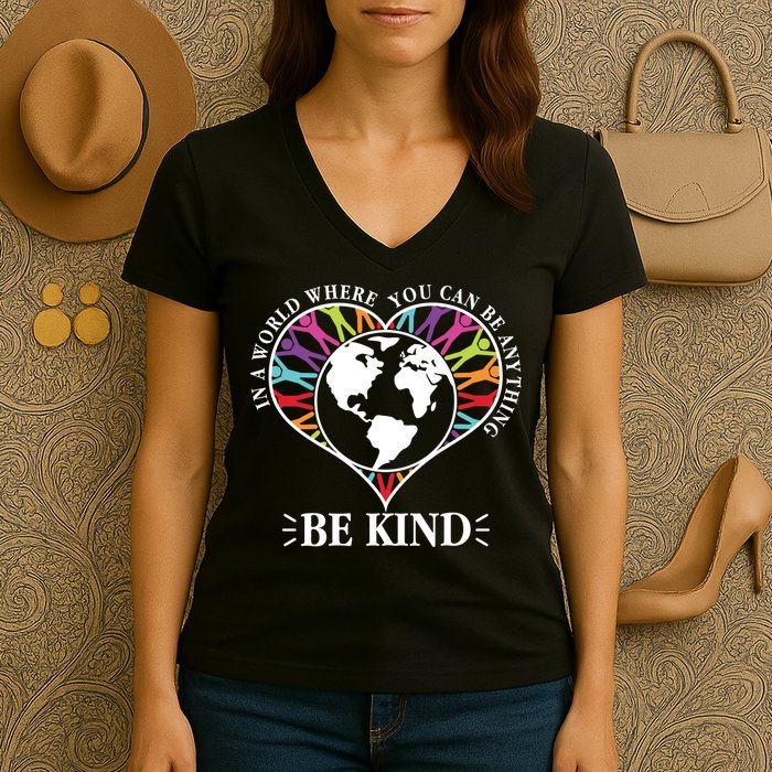 World Where You Can Be Anything Be Kind World Unity Day Women's V-Neck T-Shirt