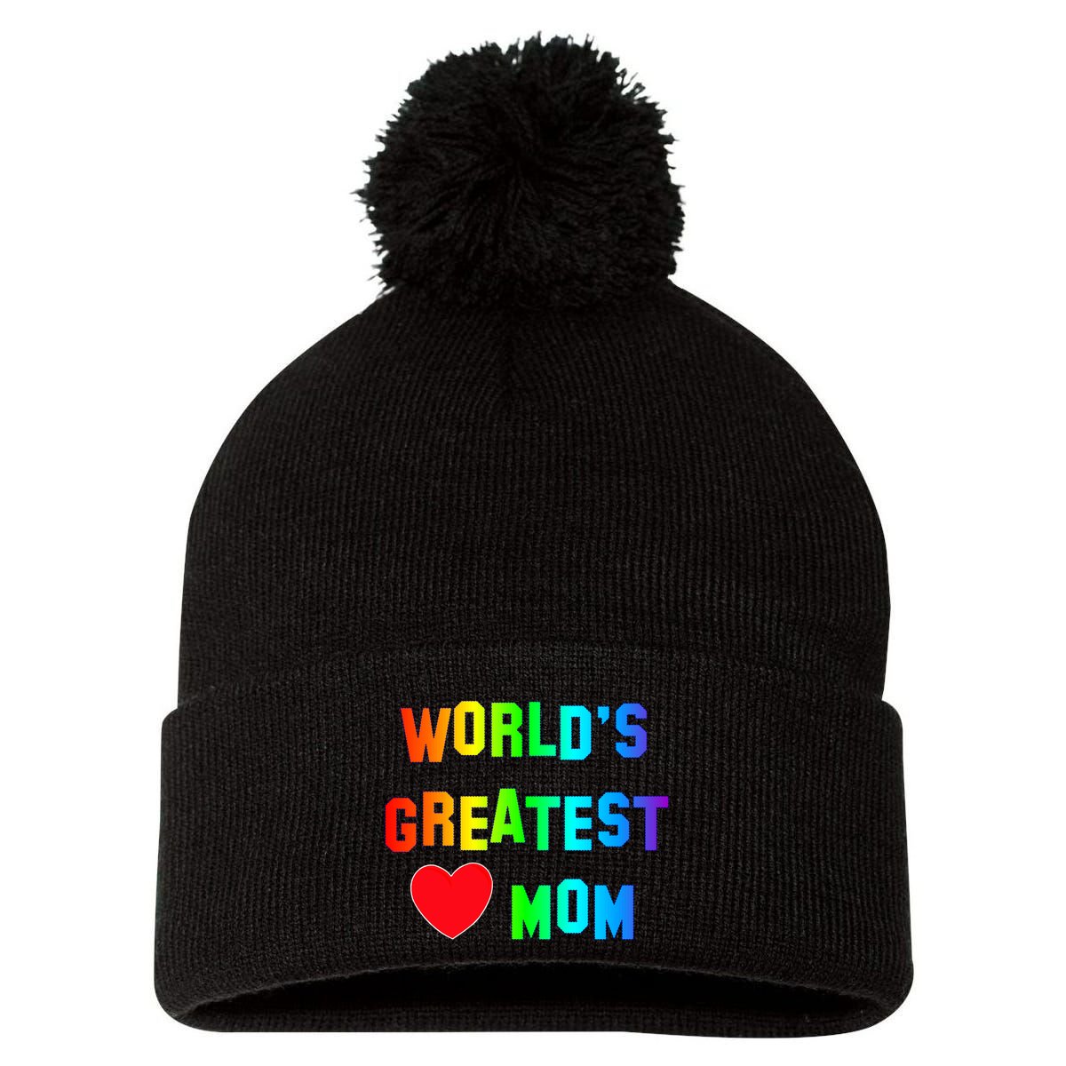 World's Greatest Mom Rainbow Pom Pom 12in Knit Beanie