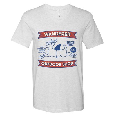 Wanderer Outdoor Shop Est 2017 Deer Shark Logo V-Neck T-Shirt