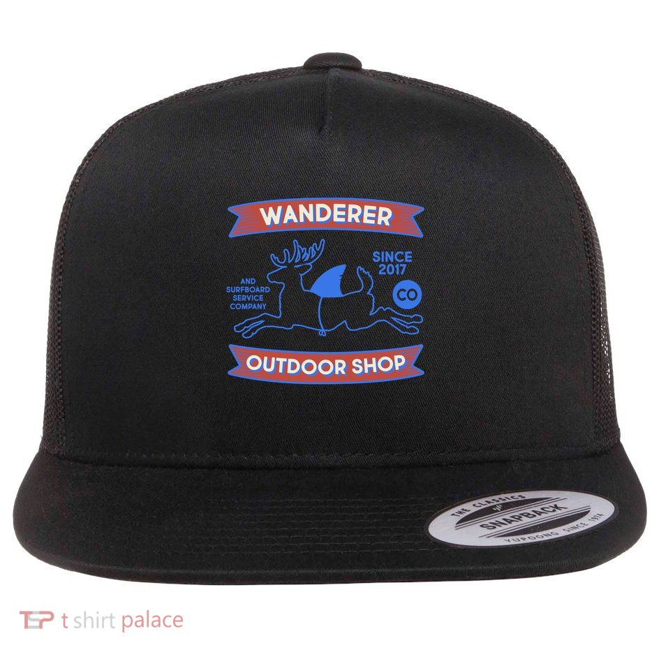 Wanderer Outdoor Shop Est 2017 Deer Shark Logo Flat Bill Trucker Hat