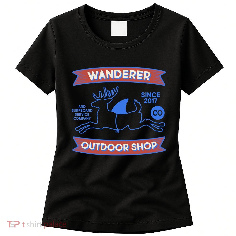 Wanderer Outdoor Shop Est 2017 Deer Shark Logo Womens T-Shirt