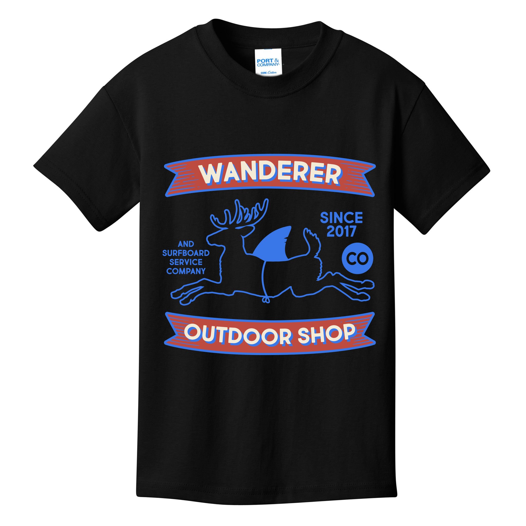 Wanderer Outdoor Shop Est 2017 Deer Shark Logo Kids T-Shirt