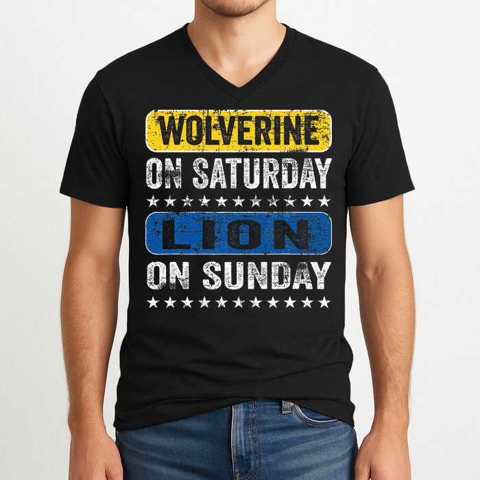 Wolverine On Saturday Lion On Sunday V-Neck T-Shirt
