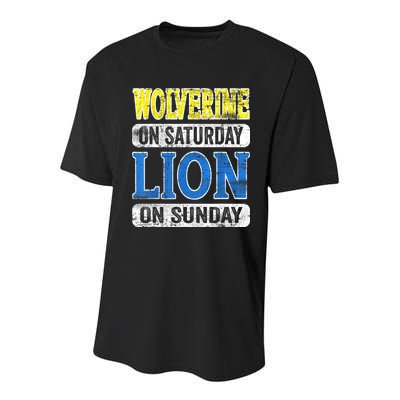 Wolverine On Saturday Lion On Sunday Detroit Youth Performance Sprint T-Shirt