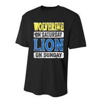 Wolverine On Saturday Lion On Sunday Detroit Youth Performance Sprint T-Shirt
