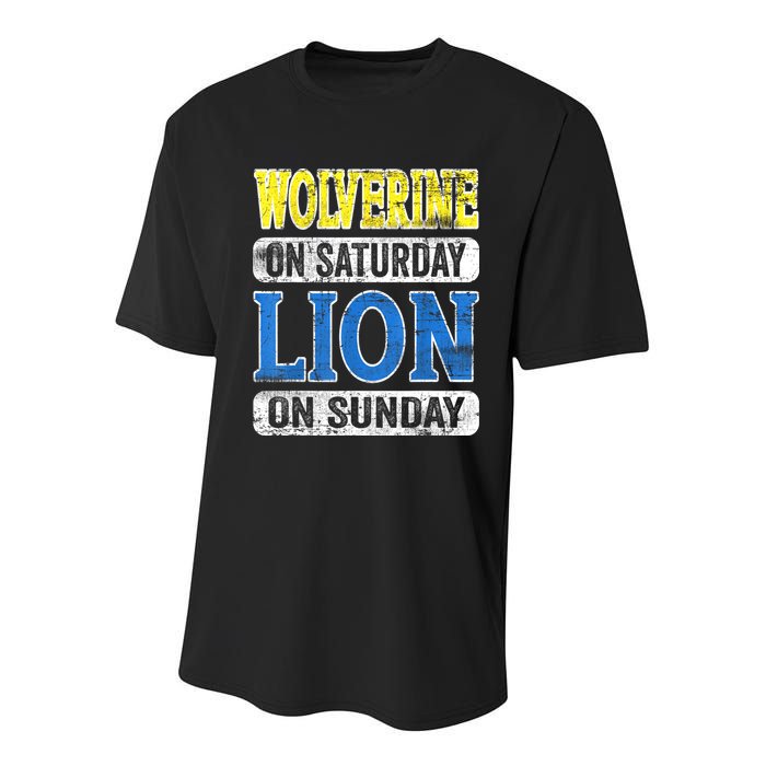 Wolverine On Saturday Lion On Sunday Detroit Youth Performance Sprint T-Shirt