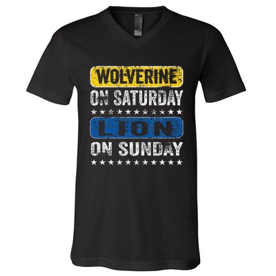 Wolverine On Saturday Lion On Sunday V-Neck T-Shirt