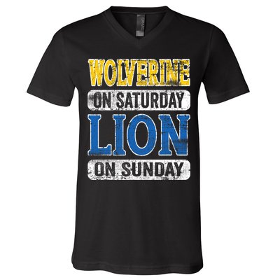 Wolverine On Saturday Lion On Sunday V-Neck T-Shirt