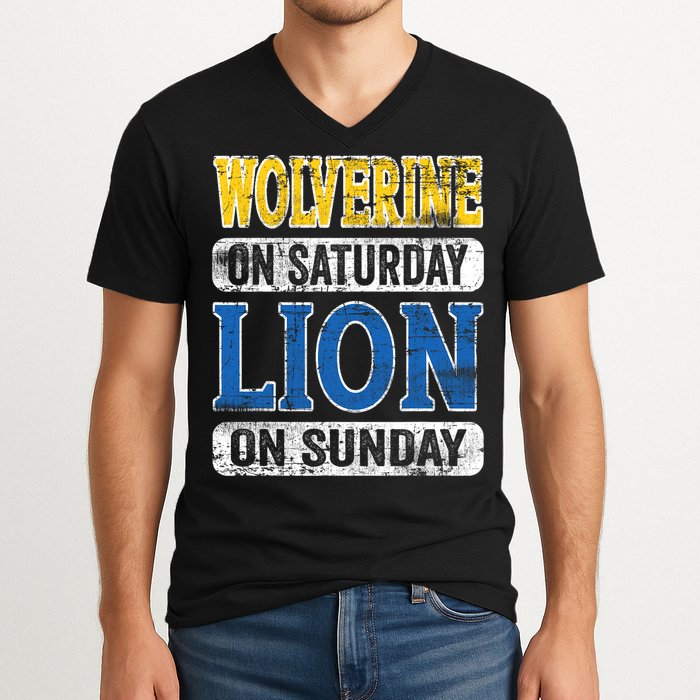 Wolverine On Saturday Lion On Sunday V-Neck T-Shirt