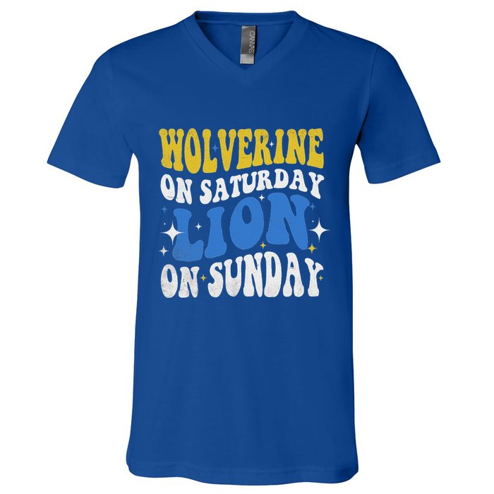 Wolverine On Saturday Funny Lion On Sunday V-Neck T-Shirt