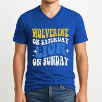Wolverine On Saturday Funny Lion On Sunday V-Neck T-Shirt