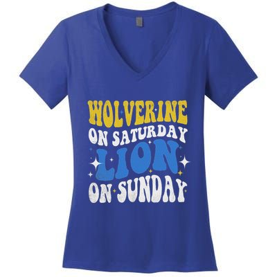 Wolverine On Saturday Funny Lion On Sunday Women's V-Neck T-Shirt