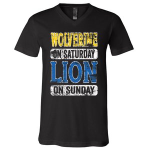 Wolverine On Saturday Lion On Sunday Detroit V-Neck T-Shirt