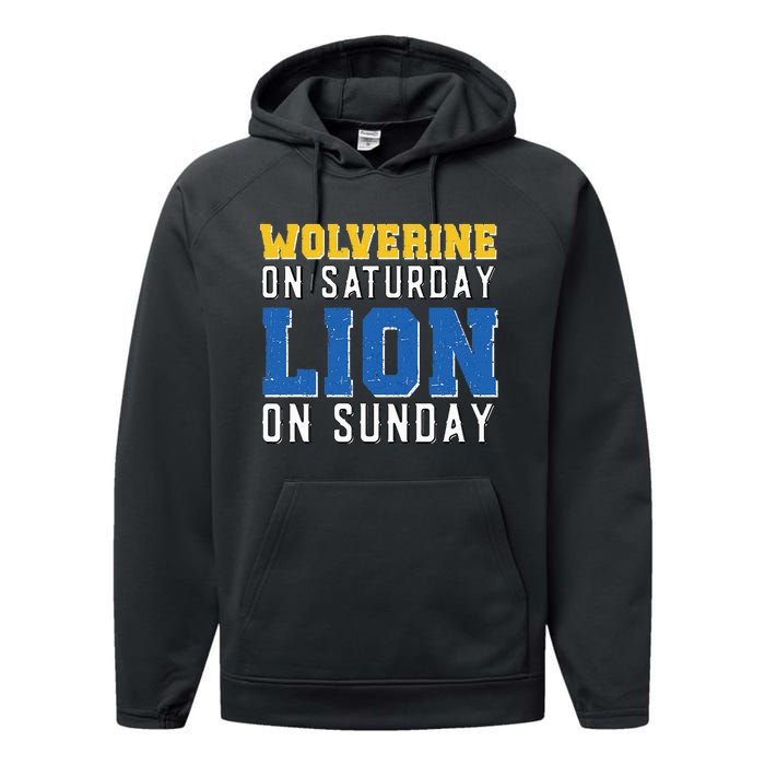 Wolverine On Saturday Lion On Sunday Funny Design Performance Fleece Hoodie