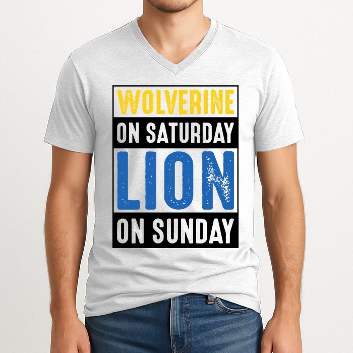 Wolverine On Saturday Lion On Sunday V-Neck T-Shirt