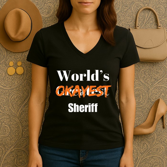 World Okayest Sheriff Sheriffs Sarcasm Sarcastic Humor Women's V-Neck T-Shirt