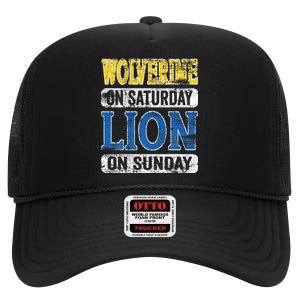 Wolverine On Saturday Lion On Sunday Detroit High Crown Mesh Back Trucker Hat