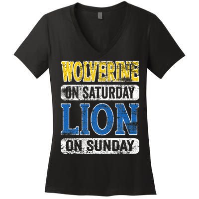 Wolverine On Saturday Lion On Sunday Detroit Women's V-Neck T-Shirt